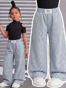 SHEIN Young Girl Y2k Versatile Soft Cotton Patch Blue Striped Denim Loose Baggy Jeans, Fall/Winter, For Young Girls Back-To-School And Daily Wear - Medium Wash - View 1