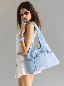 Viva Strut Ladies Bag, Fashionable Canvas HOBO Bag, Rope Decoration, Star Printed Stray Bag With Front Bow Design, Avant-Garde Retro Style Is Suitable For Street - Light blue - View 1