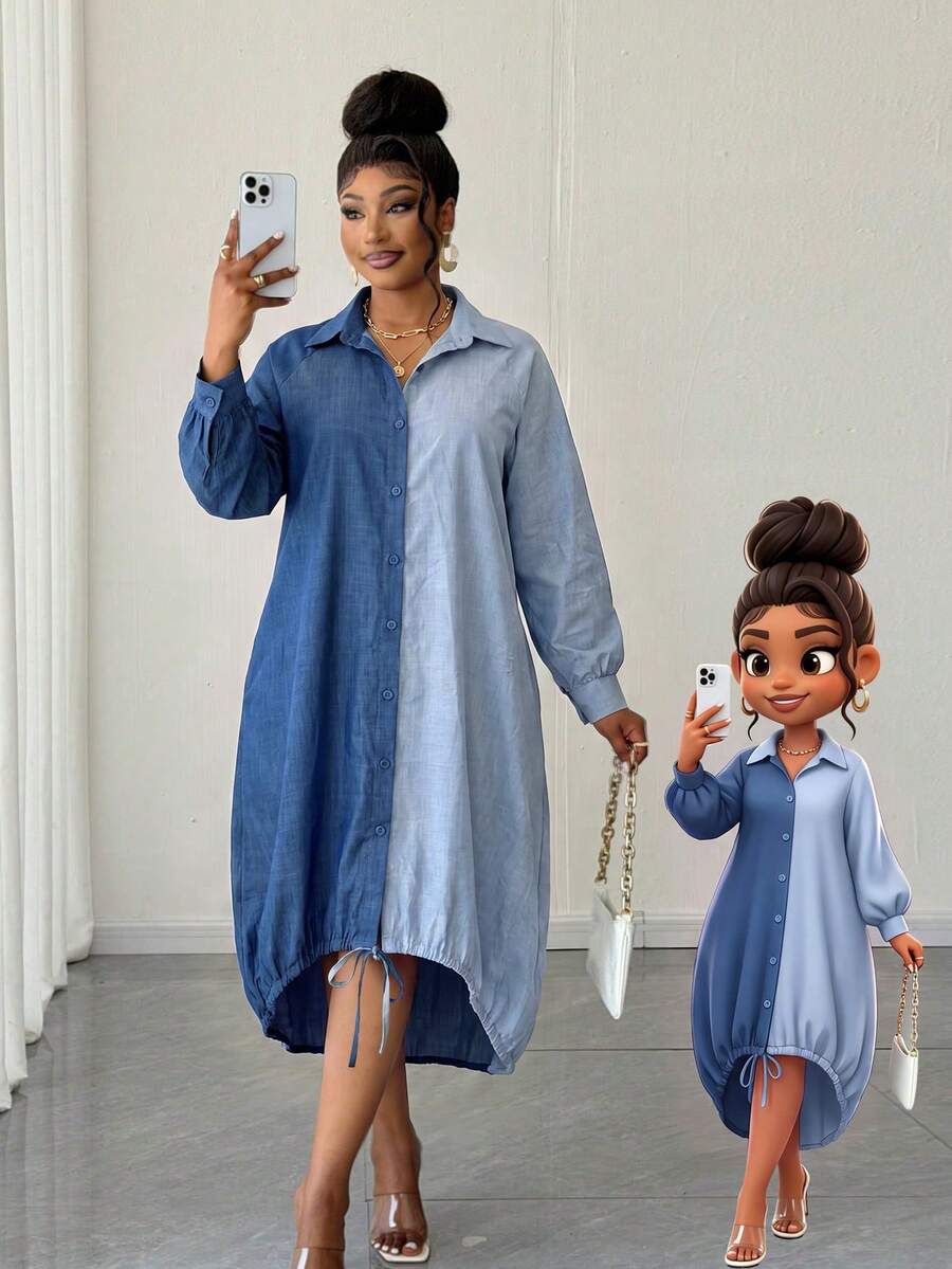 Maweii Gaun Kemeja Lengan Panjang Model High-Low Warna-Blok untuk Wanita Ukuran Plus, Musim Gugur - Biru - View 1