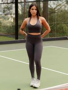 Maju Mazalli Women's Solid Color Halter Backless Fitted Short Sports Set Workout Set Summer - Dark Grey - View 1
