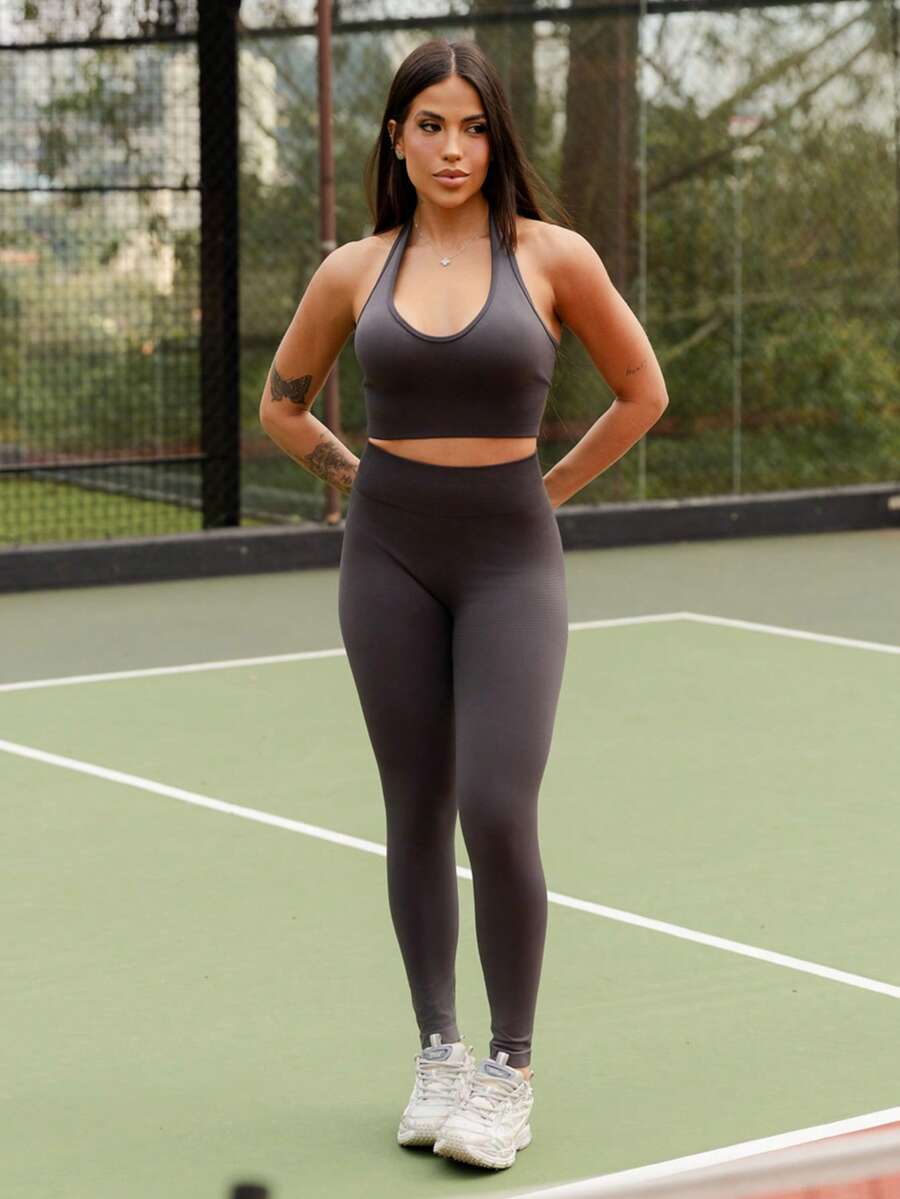 Maju Mazalli Women's Solid Color Halter Backless Fitted Short Sports Set Workout Set Summer - Dark Grey - View 1