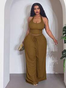 Veslaya Plus Size Summer Casual Backless Halter Top & Long Pants Set - Army Green - View 4