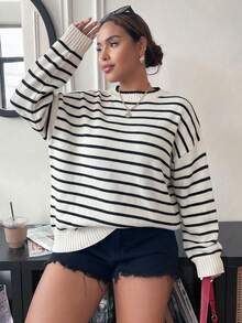 Elenzga Plus Size Casual Striped Versatile Slimming Long Sleeve Crew Neck Knit Sweater Winter - Black and White - View 4