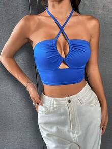 BamGleam Cut Out Crisscross Front Crop Halter Top - Blue - View 4