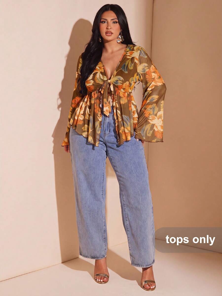 SHEIN BAE 大尺碼女款春夏網紗花卉印花喇叭袖上衣 - 彩色 - 查看 1