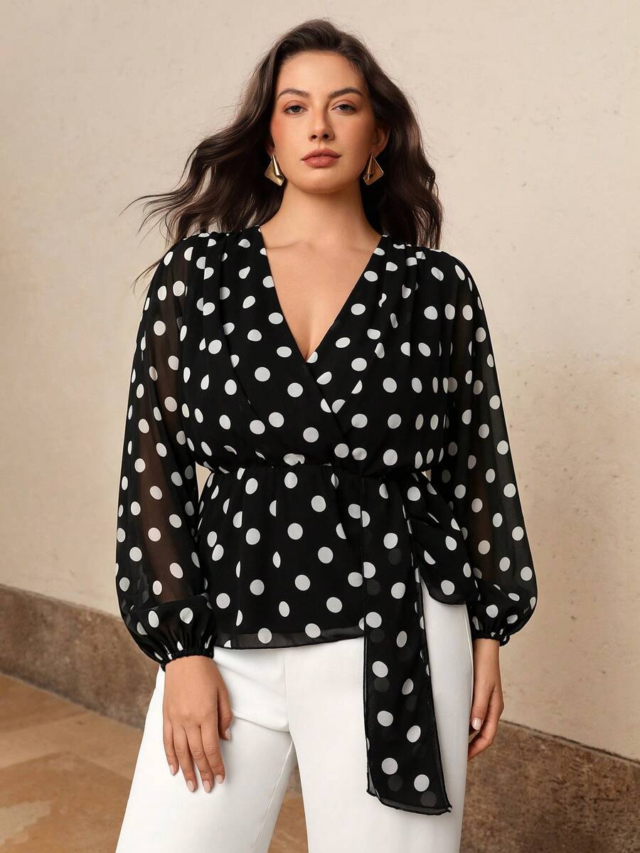 Juhart Blus Lengan Panjang Elegan Ukuran Plus dengan Leher V dan Potongan Pinggang yang Pas untuk Musim Gugur - Hitam - View 1