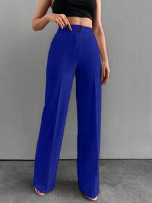 SHEIN Cottnline 女士纯色高腰口袋牙签条纹设计宽松休闲阔腿裤 - 藏蓝色 - 查看 3