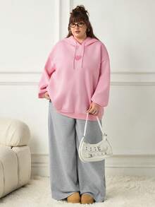 SHEIN CURVE+ 大尺碼女款休閒極簡美式復古字母印花圖案連帽長袖寬鬆衛衣 秋季 - 粉色 - 查看 9