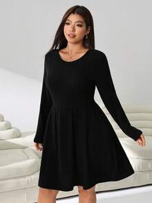 Solflare Plus Size Casual Versatile Solid Color Dress Fall - Black - View 6