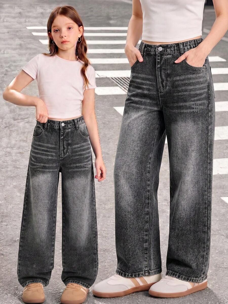 Celana Jeans Denim Kasual Baru untuk Anak Perempuan Ukuran 26, Celana Panjang Serbaguna Modis Berwarna Hitam dengan Tampilan Vintage Sobek dan Usang untuk Semua Musim - Hitam - View 1