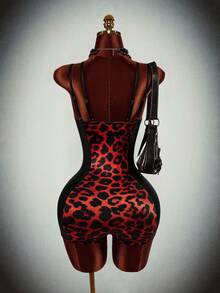 Amplova Halloween Underwire Tight-Fitting Criss-Cross Straps Black Leopard Print Sexy Y2K Polyester Shiny Satin Bodycon Jumpsuit For Women Night Club Summer - Black - View 4