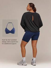 GLOWMODE Plus Size UPF50+ Sun Protection Glow On Regular Fit Long Sleeve Crewneck With Airy Back Slit & Dropped Shoulders Daily Casual Fall - Black - View 7