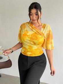 Firerie 大码女式撞色褶皱修身休闲衬衫 - 黃色 - 查看 4