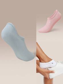GLOWMODE 3 Pairs Invisible No-Show Socks Walk A Mile Soft Grip Daily Studio Workout Gym - white + pink + blue. - View 9