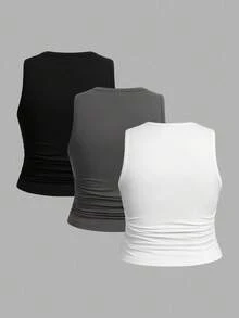 SHEIN CURVE+ 3件組女款大尺碼純色休閒圓領背心上衣套裝，適合四季穿著 - 彩色 - 查看 3