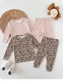 SHEIN 4件組女嬰長袖上衣與緊身內搭褲居家休閒套裝 - 彩色 - 查看 6