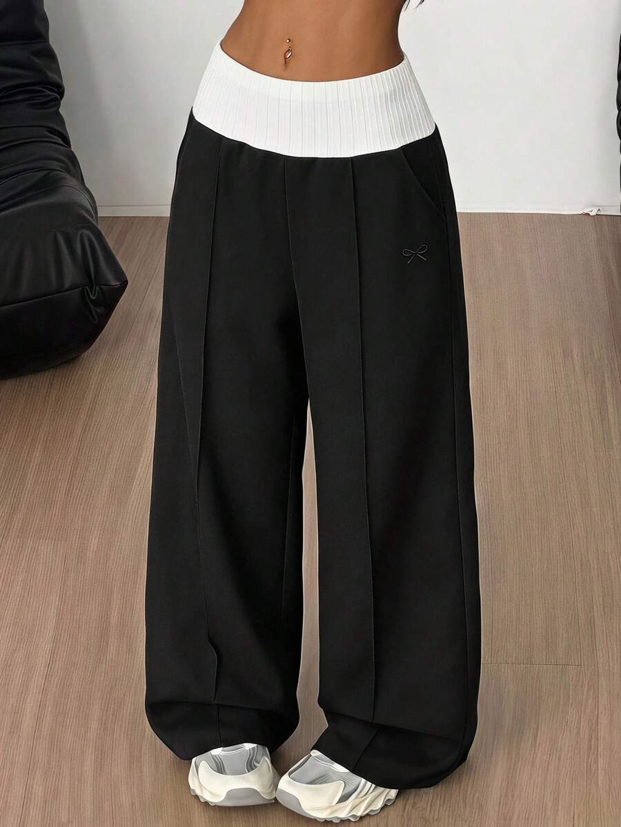 SHEIN Celana Panjang Kasual Serbaguna untuk Remaja Perempuan, Pas Badan, Pinggang Rendah, Pinggang Elastis, Longgar, Kaki Lebar, Blok Warna, Patchwork, Kembali ke Sekolah, Musim Gugur/Dingin - Hitam - View 1
