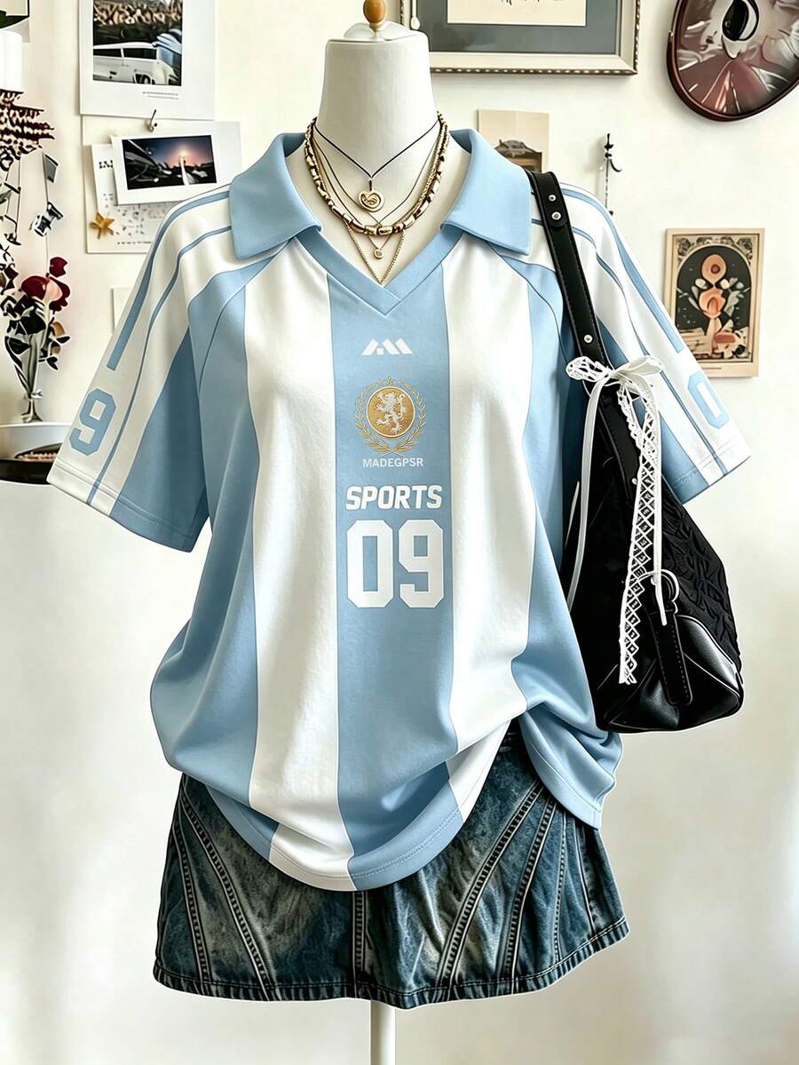 Lalippa 運動風條紋數位印花時尚極簡女款翻領V領落肩短袖T恤,送給朋友的禮物 - 彩色 - 查看 1