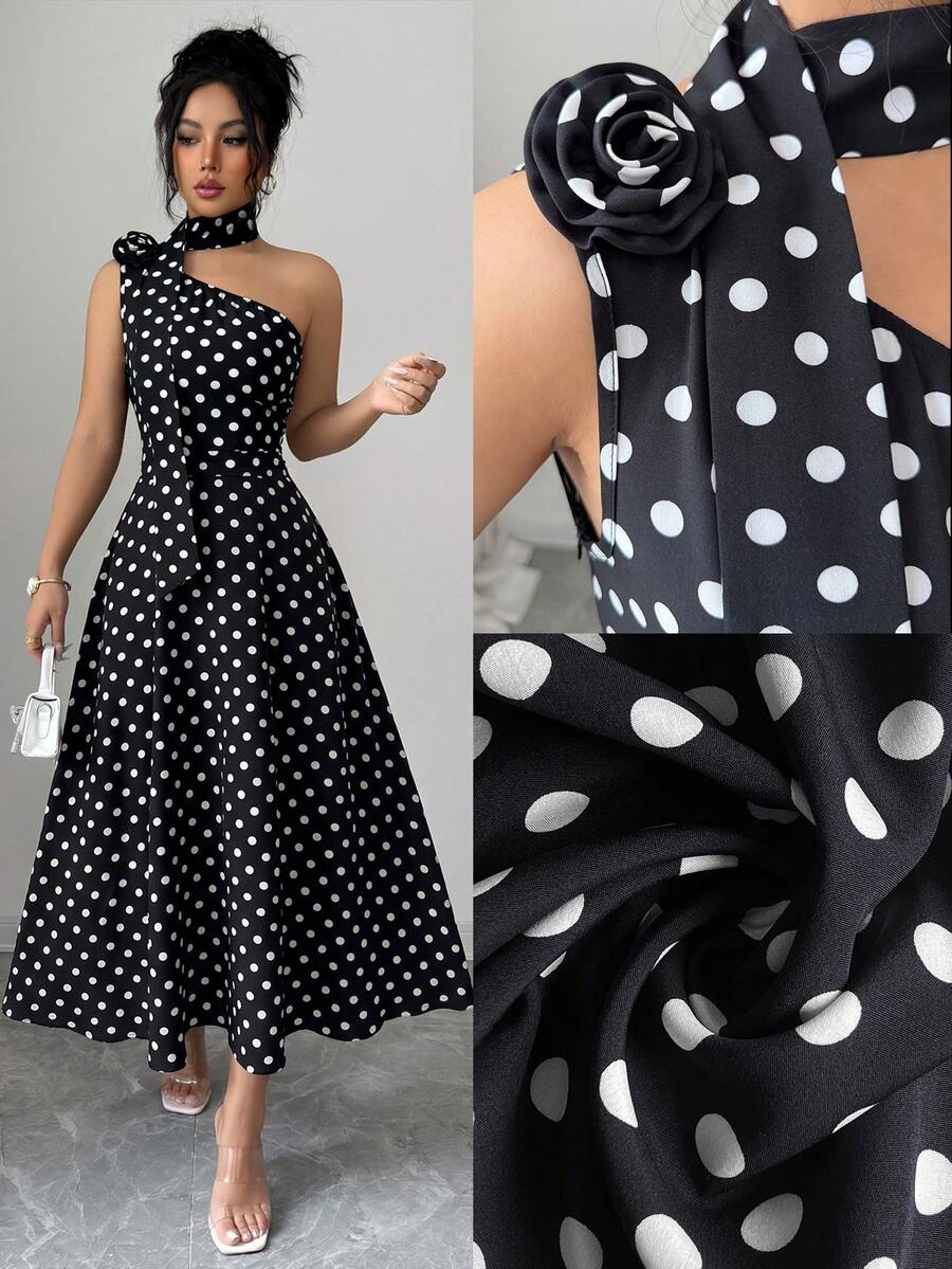 Elenzga Ladies Spring And Summer Elegant And Exquisite Black Polka Dot One-Shoulder Design Three-Dimensional Flower Design Waist Waist Full Swing Dress - Black and White - View 1