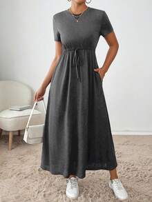 SHEIN Essnce Gaun Wanita Lengan Pendek Kasual Kerah Bulat Warna Polos dengan Kantong Lipat - Dark Grey - View 6