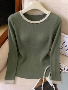 Selianne Kaos Wanita Elegan Hijau Sage untuk Sekolah, Kasual Komuter dan Acara Musim Semi & Gugur, Ribbed Colorblock, Leher Bulat Kecil, Slim Fit Pinggang, Lengan Panjang - Hijau - View 5