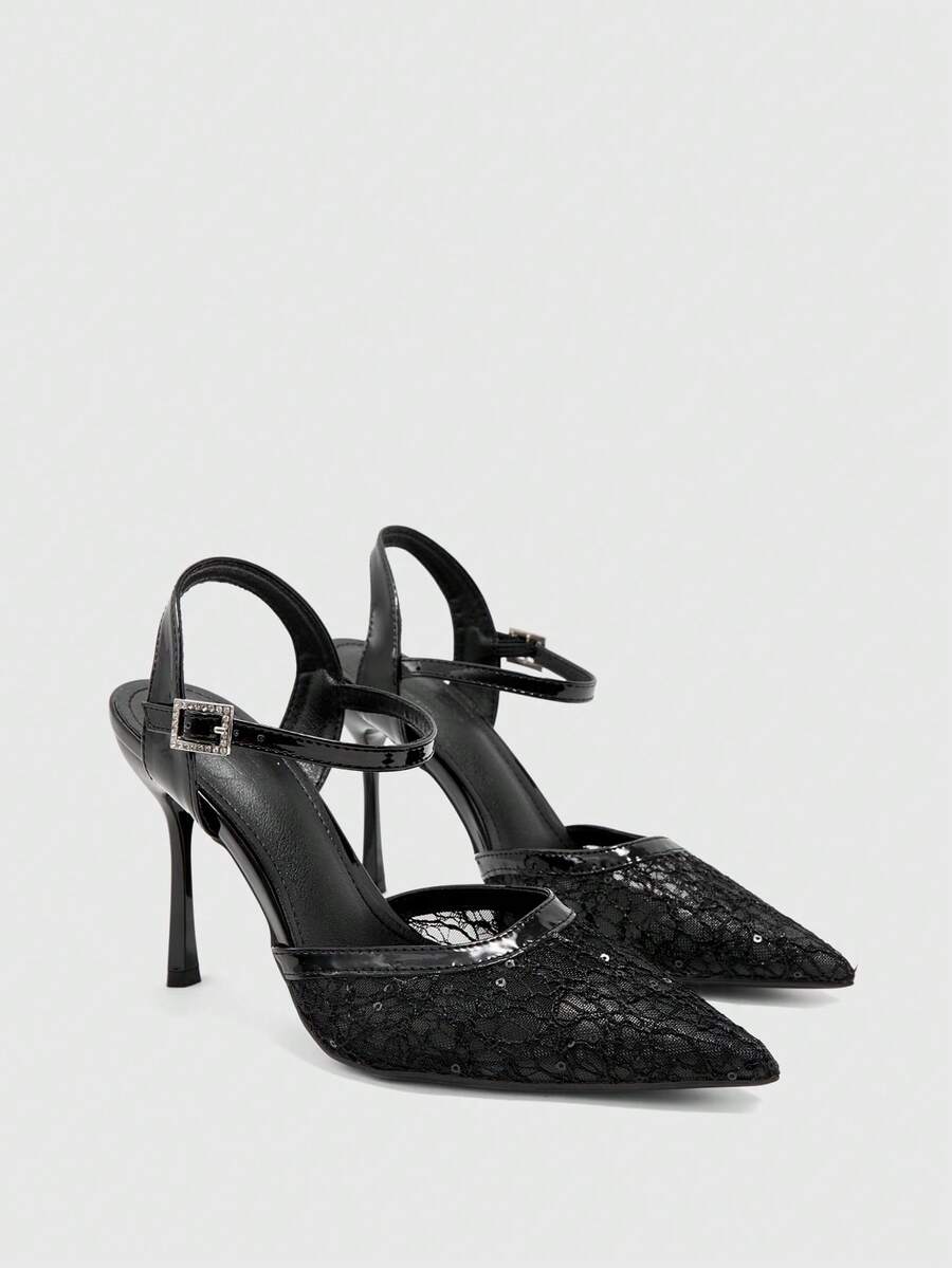CUCCOO BIZCHIC Simple Rear Empty Buckle Strap Stiletto High Heels, Daily Commuting Versatile Women's Shoes - Mesh Black-2 - View 1