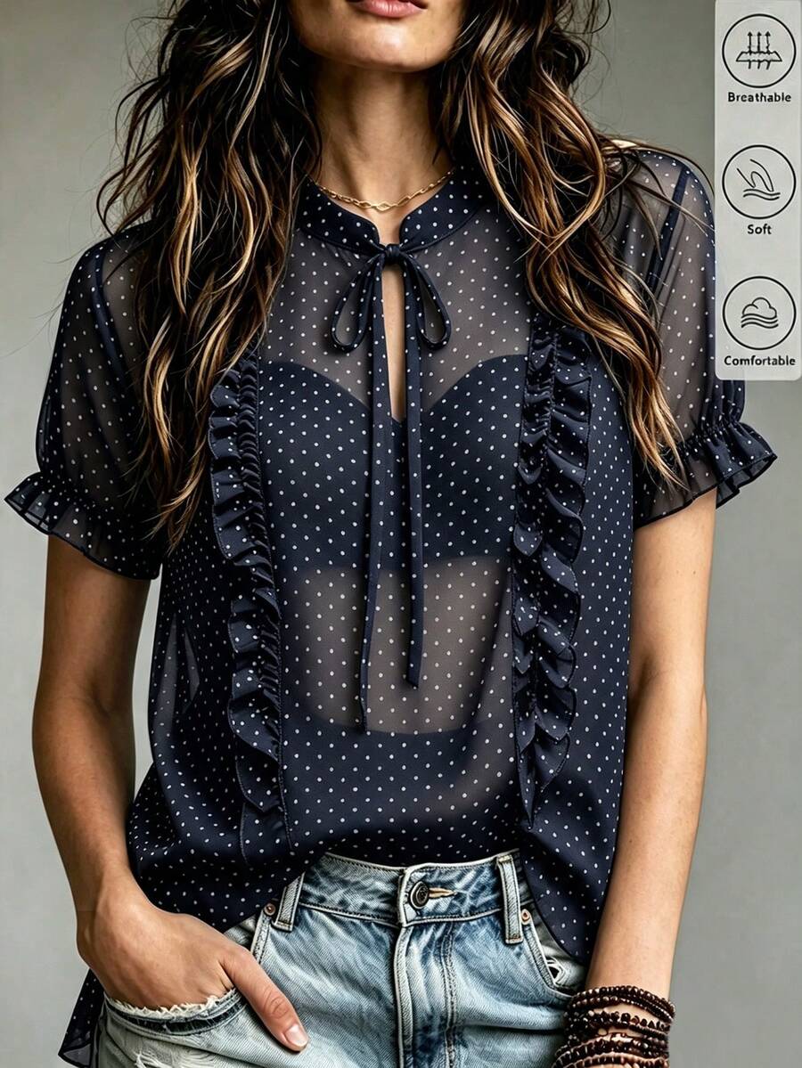 SHEIN French Polka Dot Stand Collar Frill Trim Short Sleeve Chiffon Blouse, Sweet Ruffle Short Sleeve Shirt Top - Navy Blue - View 1