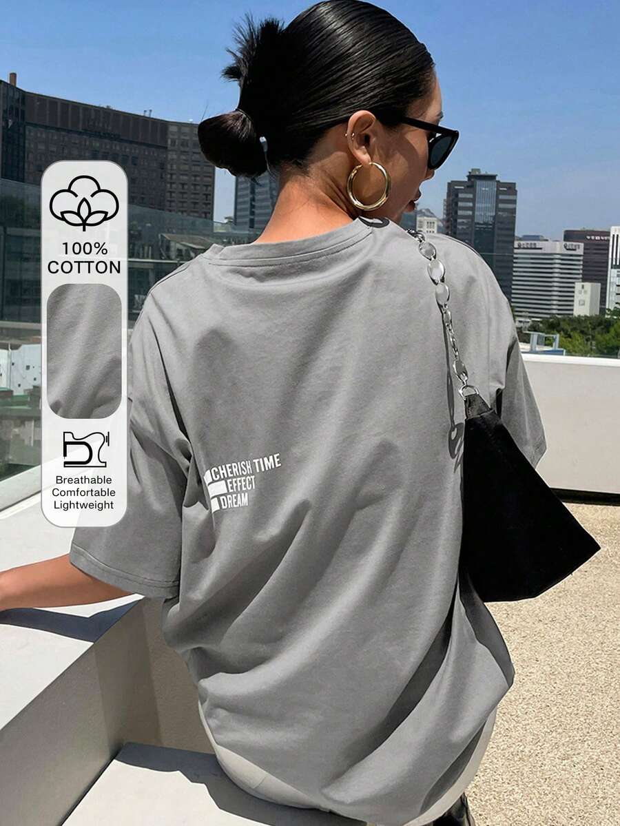 DAZY Slogan Graphic Drop Shoulder Tee CHERISH TIME EFFECT DREAM Oversized T-Shirt - Grey - View 1