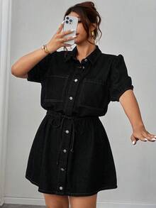 Elenzga Plus Size Women Elegant Comfortable Loose Deep Blue Non-Stretch Denim Dress - Black - View 8