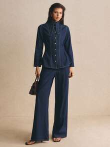 Poéselle Women's Long Sleeve Single-Breasted Denim Shirt With Tie Neckline Design - Dark Wash - View 4