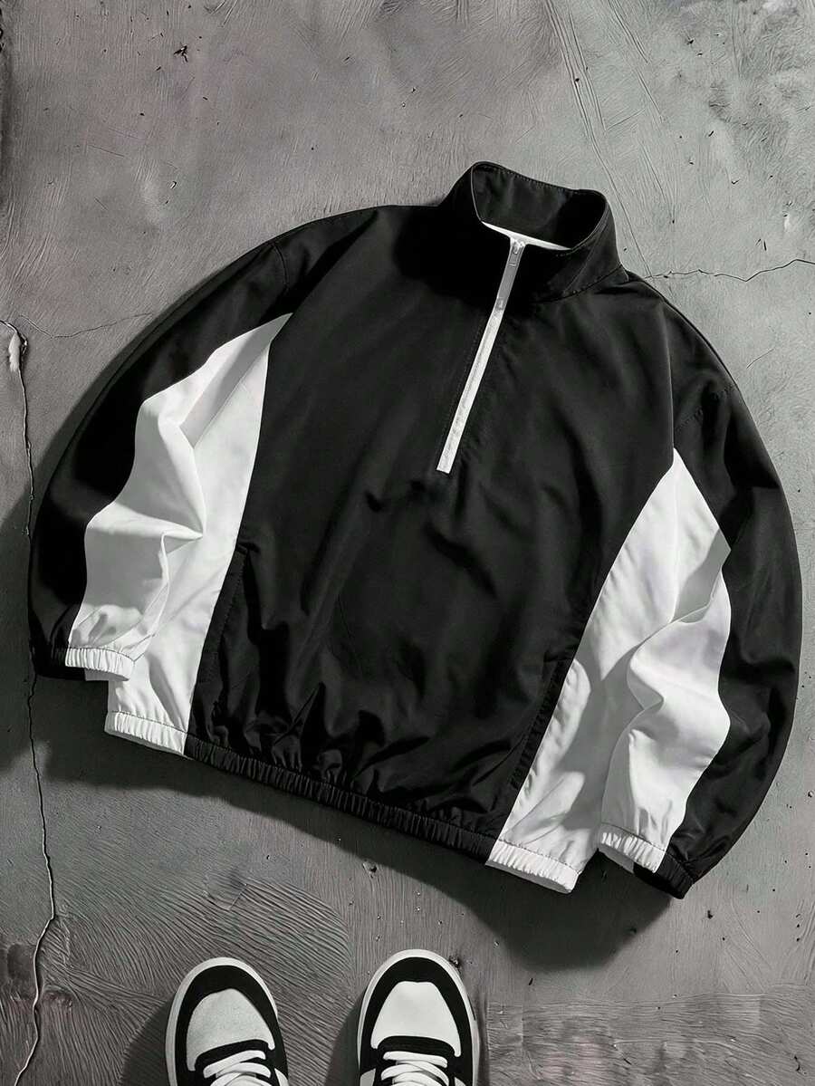 AXEPEAK Men's Autumn Casual Colorblock Patchwork Jacket - Black and White - View 1