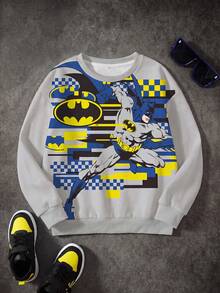 BATMAN X SHEIN 青少年男孩卡通印花圓領長袖休閒運動衫 - 白色 - 查看 1