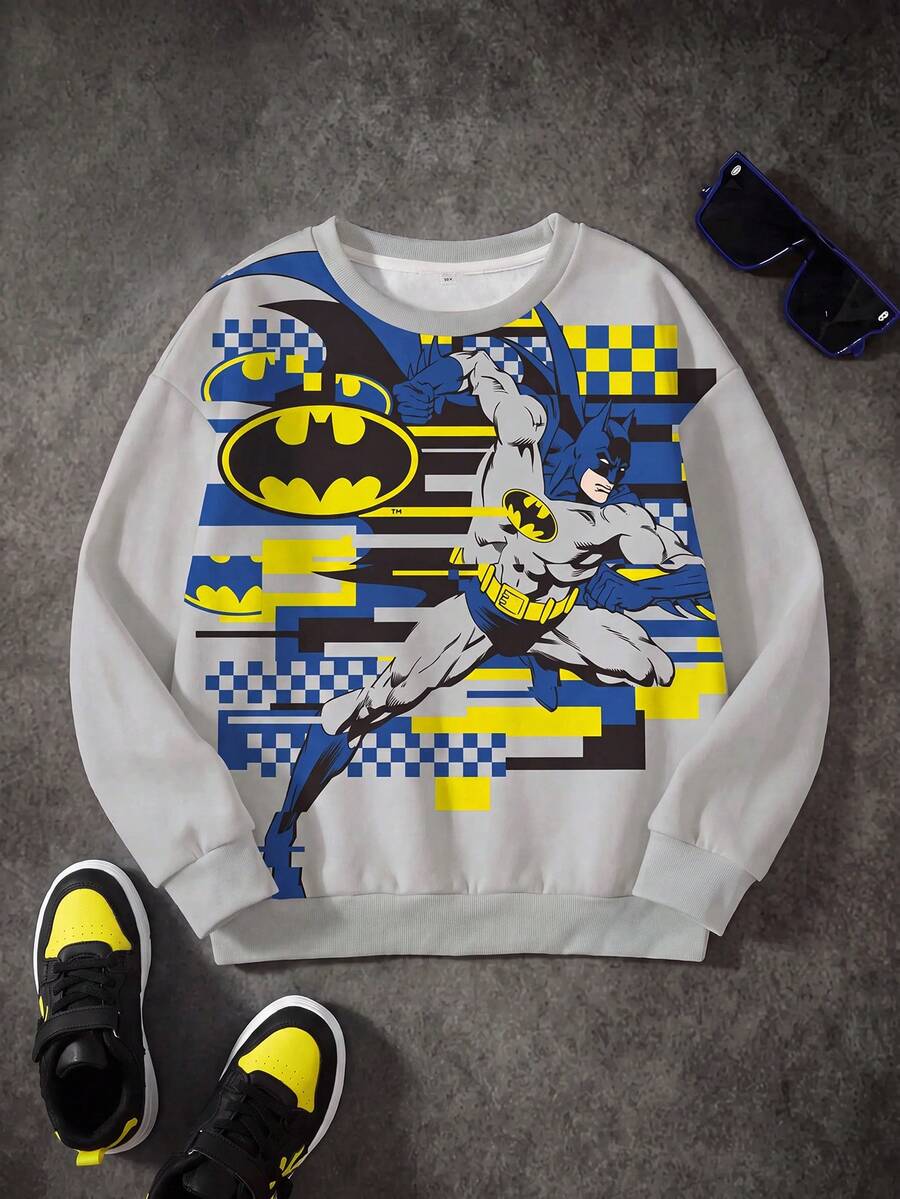 BATMAN X SHEIN 青少年男孩卡通印花圓領長袖休閒運動衫 - 白色 - 查看 1