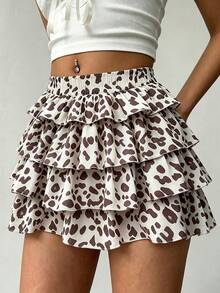 Rina Fox Leopard Print Fluffy Ruffle Hem Cake Skirt, Spring/Summer Style - Apricot - View 5