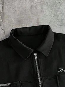 AXEPEAK 男士刺繡口袋拉鍊襯衫與鈕扣口袋長褲套裝 - 黑色 - 查看 3