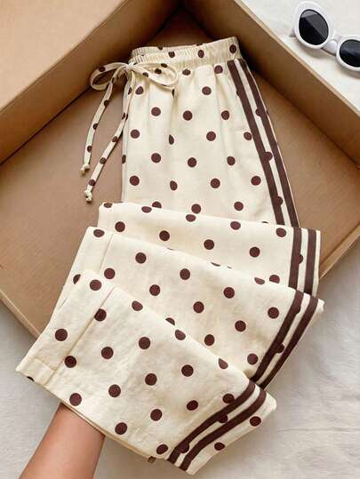 Comfortcana Women's Casual Minimalist Polka Dot Print Contrast Color Striped Waist Tie Straight Leg Pants, Suitable For Summer, Daily Commute, Date, Gathering, Autumn/Winter/Spring/Summer, Christmas, New Year, Thanksgiving, Party, Wedding, Beach, Graduation Ceremony, Fashion, Elegant, Casual, Outing, Date, Appointment, Commute, Shiny, Valentine's Day, Elegant, Vacation, Casual, Y2K, Outing, Graduation Ceremony And Other Occasions