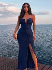 Swim Oasis 2pcs/Set Sexy Solid Color V-Neck Ruched Spaghetti Strap Bandeau One-Piece Swimsuit & Front Twist Slit Beach Dress Set - Blue - View 6