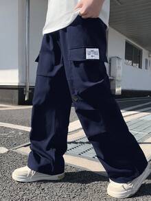 兒童青少年男孩休閒日常舒適印花直筒寬鬆梭織長褲，適合學校、花園、海灘、生日，春夏秋冬四季皆宜 - 藏蓝色 - 查看 4