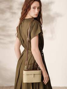 MOTF WOMEN'S FASHION APRICOT STRAW HANDBAG, EXQUISITE SIMPLE BOX BAG, FOR DAILY, COMMUTING, SHOPPING, SUMMER VACATION, TRAVEL, BEACH, SEASIDE - Brown straw weaving - View 9