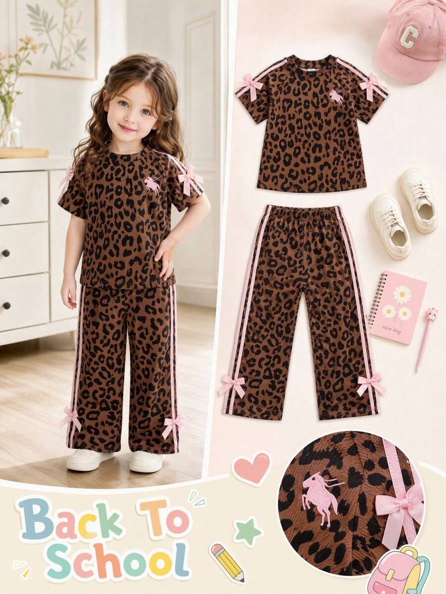 Genkimix Kids 2pcs Young Girl Leopard Print Bow Ribbon Decor Casual Fashion Short Sleeve T-Shirt + Bow Ribbon Decor Casual Fashion Straight Leg Pants - Brown - View 1