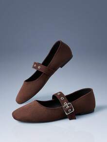 CUCCOO GRLICON Solid Color Buckle Design Round Toe Flat Bottom Elegant Commuter Brown Suede Ladies Flat Bottom Shoes Dating Afternoon Tea Fall Shoes - Brown - View 3