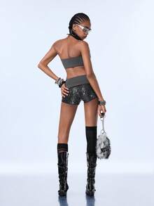 Y2Kool Dark Sexy Grey Gray Rhinestone Sequin Y2K Hot Girl Street Dark Punk Women's Tube Top Shorts 2 Pieces Set, Summer Fall, Party Night Out Rave, Halloween - Grey - View 2