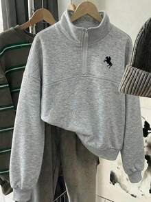 Tween Girl Minimalist Loose Casual Half-Zip Sporty Sweatshirt With Split Design , Fall/Winter - Light Grey - View 3