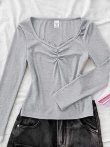 Tween Girl Tween Girl Tween Girls Lace Trim Patchwork Elastic Fitted Ribbed Long Sleeve T-Shirt - Grey - View 5