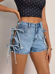 SHEIN Tall Women's Casual Versatile Denim Shorts With Pockets, Buttons And Drawstring For Daily Wear - Blue - View 4