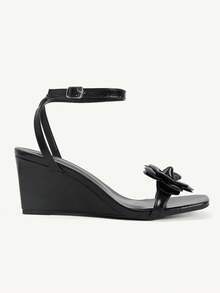 CUCCOO CHICEST Black Camellia Square Toe Wedge Heel Sandals Women's Summer Buckle Temperament Open-Toed High Heels - Black - View 3