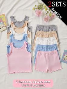 2 Sets de Top de Tirantes y Pantalones Cortos con Borde Ondulado de unicolor para Niñas, Caja Sorpresa, 5 Estilos Enviados al Azar, 2 Sets - Multicolor - Ver 2