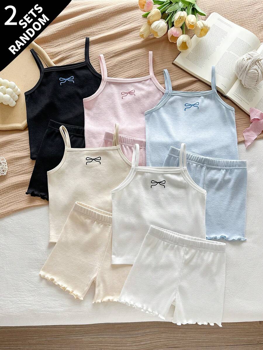 SHEIN Vintaside Kids (隨機2套) 少女四季款吊帶背心與短褲套裝,刺繡蝴蝶結,多色吊帶背心與短款內褲套裝 - 彩色 - 查看 1