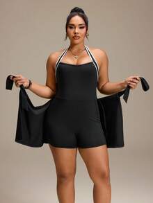 SHEIN Rhythm Era Women's 2 In 1 Tie-Front Hip-Covering Slimming Anti-Exposure Dress - Black - View 7