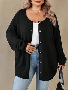 SHEIN CURVE+ Plus Size Women's Solid Color Raglan Sleeve Long Sleeve Casual Loose Knit Cardigan, Autumn/Winter - Black - View 3